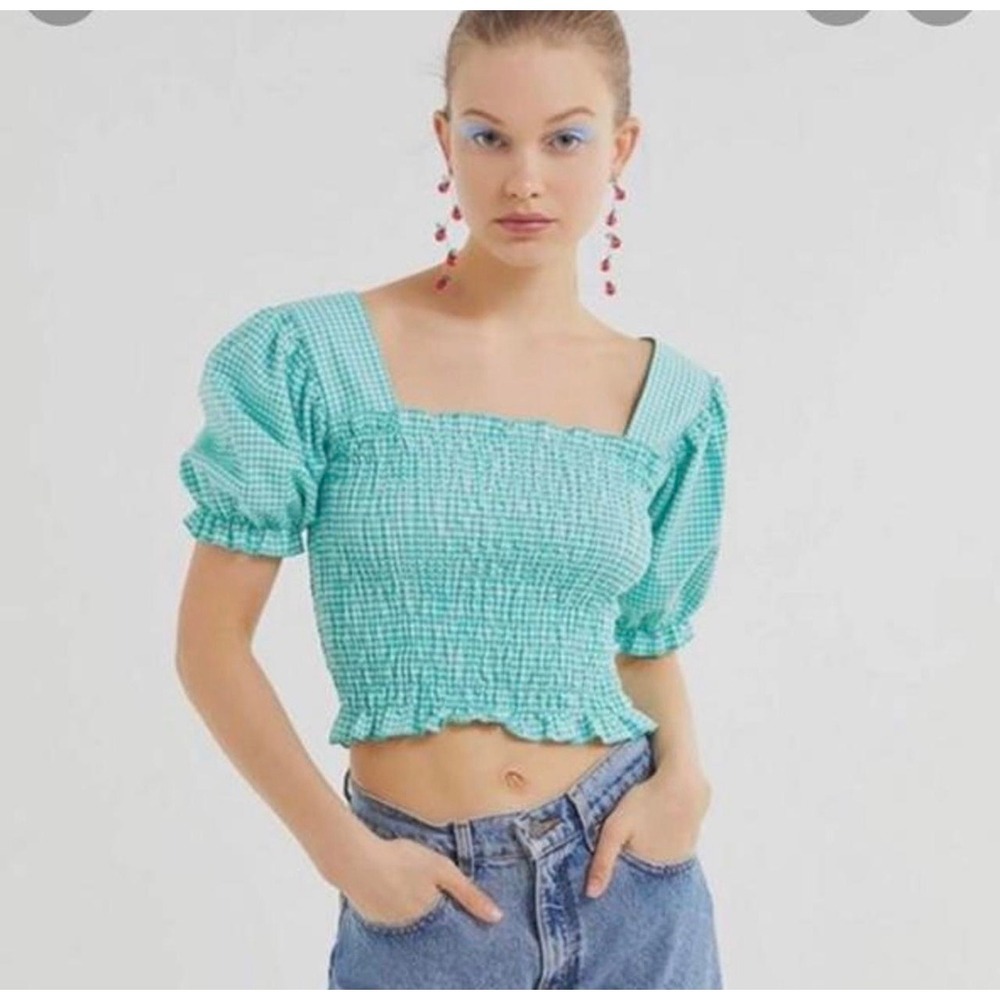 UO SAYS GAH! Green Gingham Smocked Puff Sleeve Crop Top Lisa Says Gah Medium